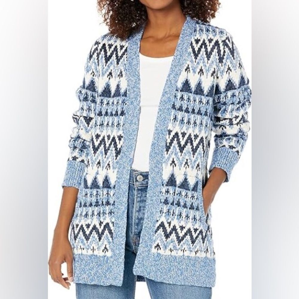 L.L. Bean Blue and White Fair Isle Patterned Open Cardigan Cotton Large Petite